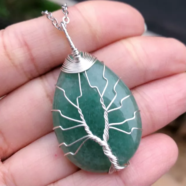 Aventurine Gems Tree Of Life Necklace Water-drop Chakra Reiki Healing Amulet