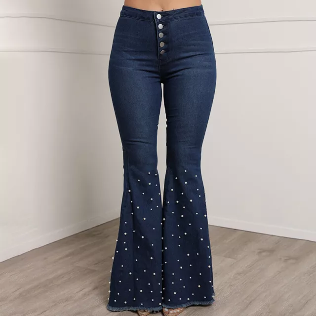 Femme Pantalon Évasé Ceinture- à Taille Basse Jean Haute Perlé Slim Bleu
