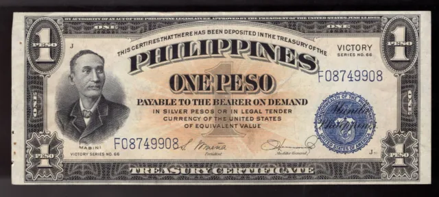 1944-45 $1 Philippines "Treasury Certificate" World War II! Victory!  AU (CRISP)