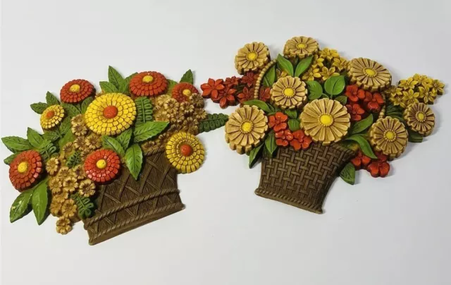 Pair Of Vintage 1975 SYROCO PLASTIC WALL PLAQUES Colorful Basket Of Flowers USA