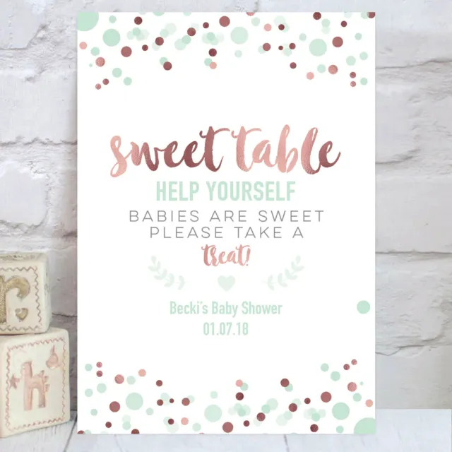 Baby Shower Sweet Table Candy Buffet Sign Poster Rose Gold & Mint Green (BS17)