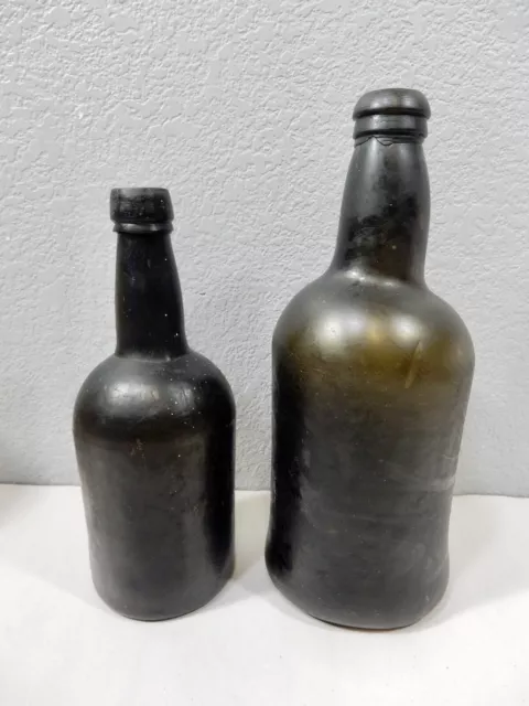 2 Early 1800's Black Glass Free Blown Applied Top Pontil Bottles 1 Free Blown