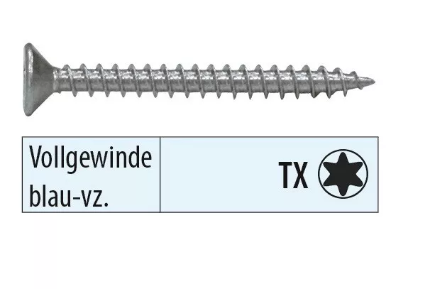 Spanplattenschrauben mit Vollgewinde blau verzinkt Torx mit Senkkopf TX