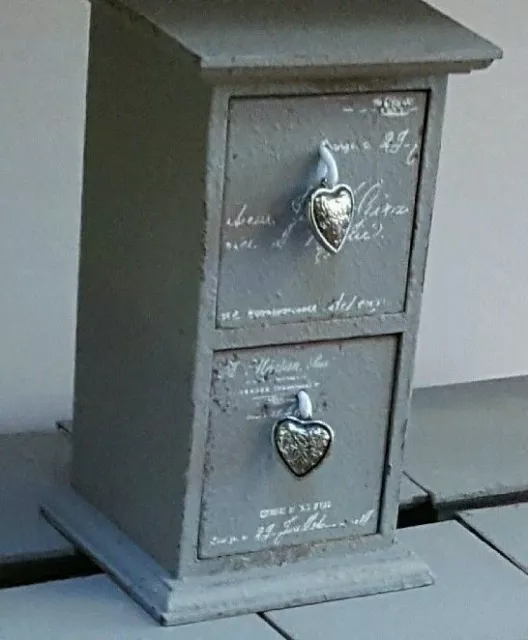 gORGEOUS GREY shabby chic wooden  jewellery drawers WITH HEART PULLS.-7"X4"3.5"