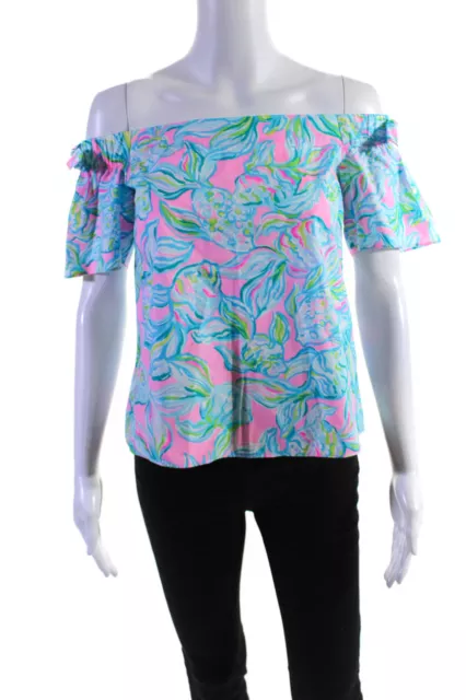 Lilly Pulitzer Womens Off Shoulder Short Sleeve Floral Shirt Pink Blue Size XS