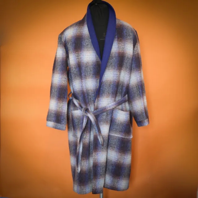 Vintage 1960s 'Onkaparinga' Blue Wool Plaid Dressing Gown Bath Robe Size AU M