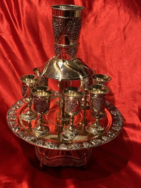 Vintage Silver Plated Kiddush Wine Footed Fountain 8 Cups Platter Jewish Judaism