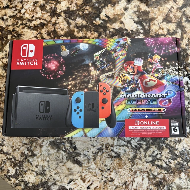 NINTENDO SWITCH NEON Blue/Neon Red JoyCon + Mario Kart 8 Deluxe + 3 Mo