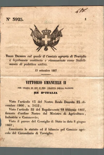 Regio Decreto Bergamo 1867 Treviglio comizio Agrario Pubblica Utilità