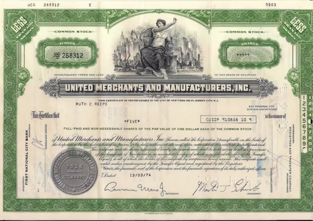 Stock certificate United Merchants & Manufacturers, Inc Less Than 100 Shares