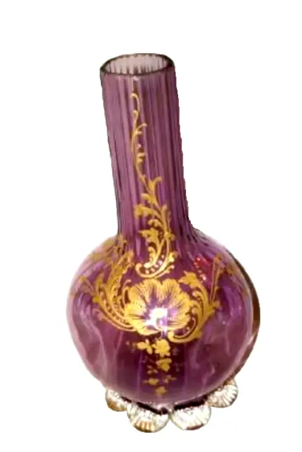 French Art Nouveau Legras Glass Pinched Vase Handblown Purple  Gilt Enameled