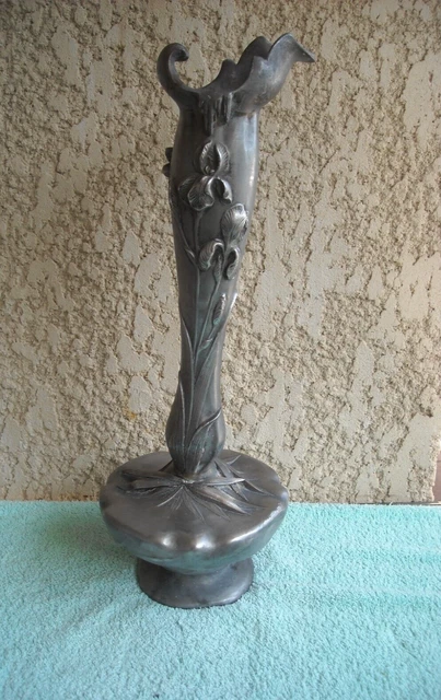 Ancien grand vase bronze & étain Art Nouveau signé Elsie Ward Hering H. 50 cm