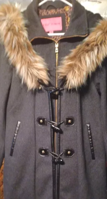 Betsey Johnson Women's Grey Wool Blend Faux Fur Pea Coat Toggle Buttons Large