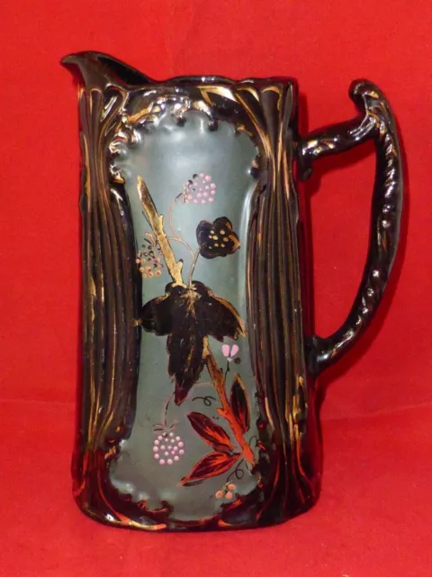 Gorgeous Antique Victorian Blackware or Jackfield Bramble Pitcher c1890