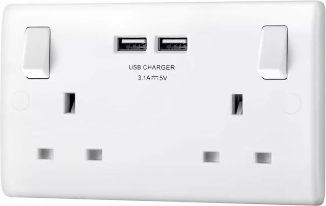 BG Electrical 2 Twin Double Gang White Flush Switched 13A Socket 2 USB Sockets