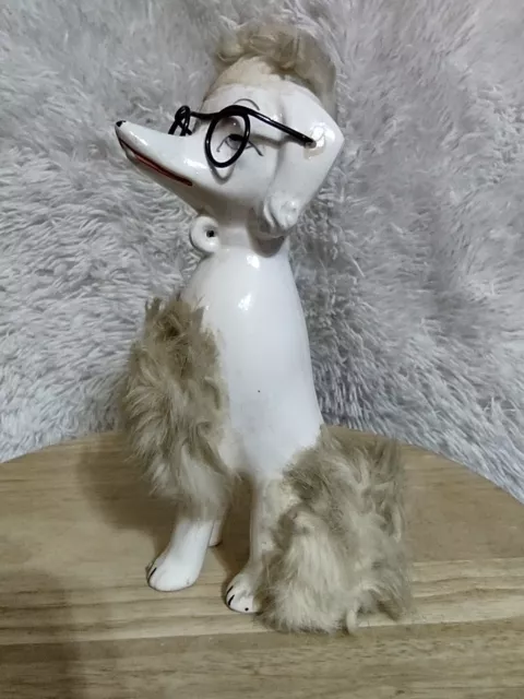 Vintage Poodle Dog Figurine Fur & Puppies on Chain Leash 3 Dogs