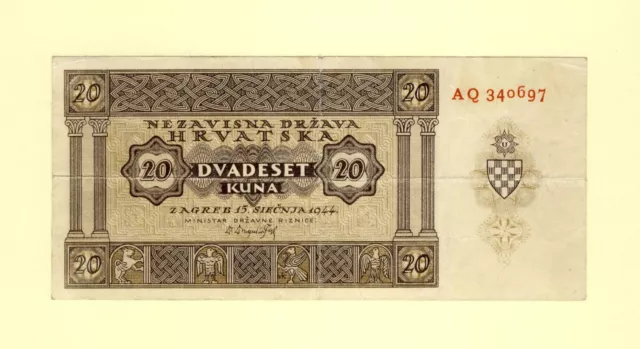 CROATIA KINGDOM, WWII AXIS INFLUENCE 20 KUNA 1944 P-9b F++ GOVERNMENT NOTES RAR