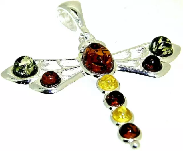 Silver Amber Dragonfly Pendant 925 Sterling Silver Baltic Amber Insect Bug NEW