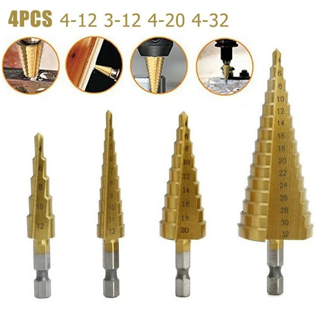 Step Drill Bit Pied Titane Trou 3-12/4-12/20/32mm 4Pcs Mèche Cône Fiable