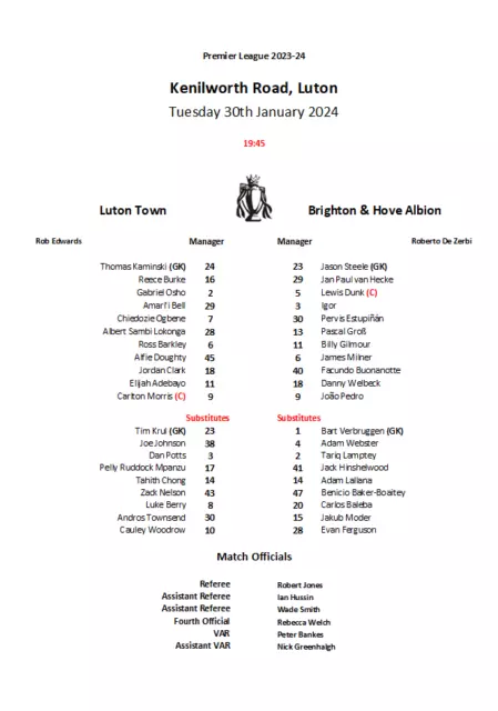 Luton Town v Brighton & Hove Albion 30-01-24 Premier League Unofficial TeamSheet