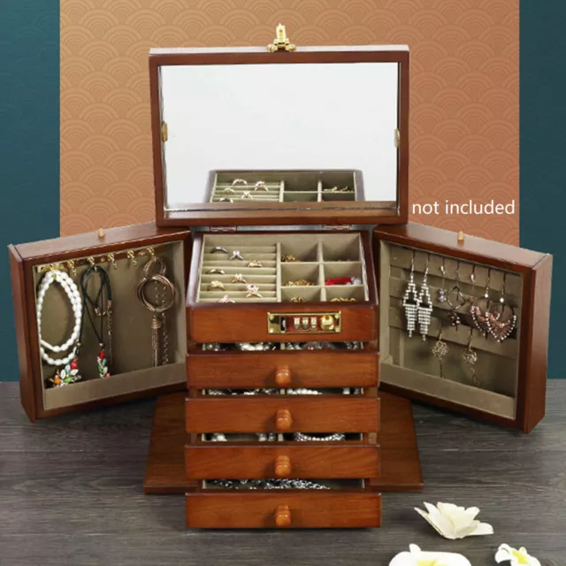 Large Wooden Jewelry Box Organizer w/ Mirror 5 Layers Ring Necklace Storage Case