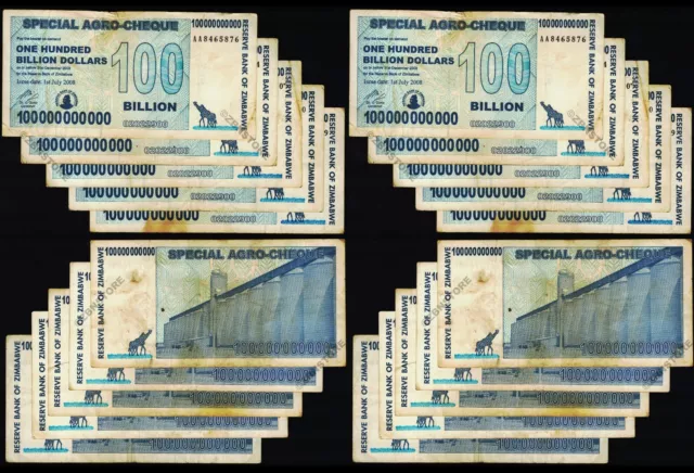 20 x 100 Billion Dollars Zimbabwe Special Agro Cheque 2008 Used + COA Authentic