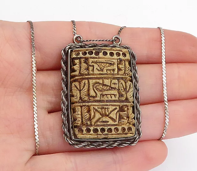 CHINESE 925 Silver - Vintage Antique Carved Brown Jade Chain Necklace - NE1196