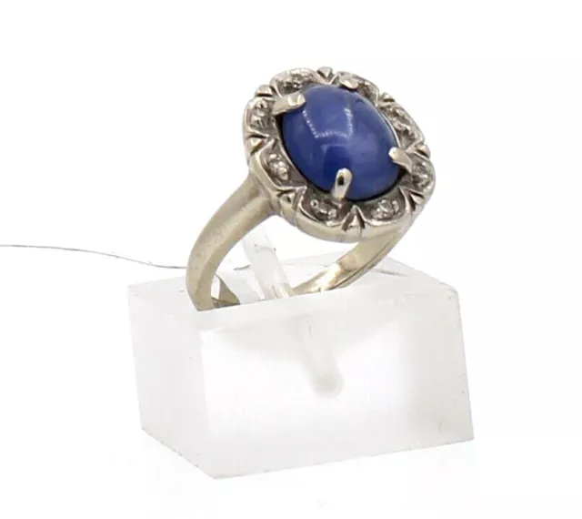 Estate 14K Oro Bianco Ovale Stella Zaffiro Diamante Donna Anello 3.6g Misura 4.5