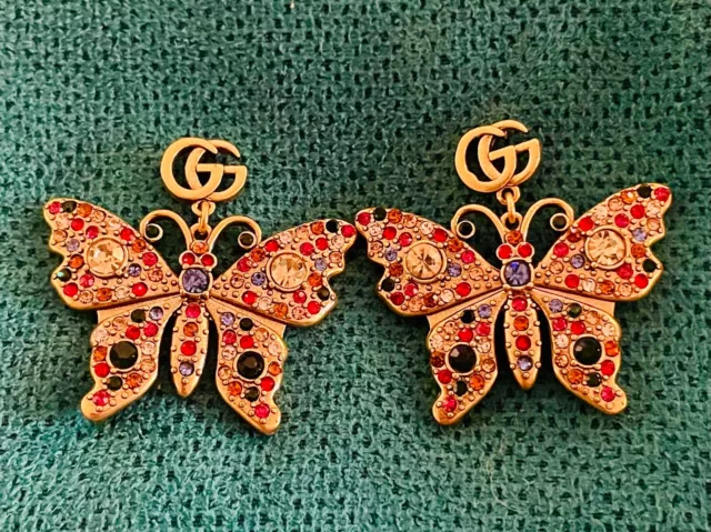 Rare Authentic Gucci antiqued GG logo multi crystal butterfly earrings