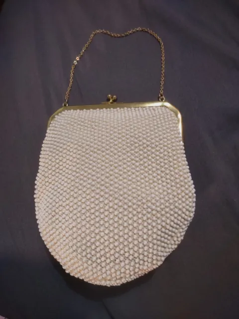 Vintage Corde'-Bead Lumured Evening Bag Cream With Chain Strap Pre-owned 6"x 8"