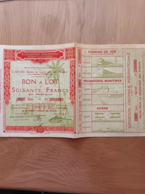EXPOSition coloniale Paris 1931- BON A LOT n°67