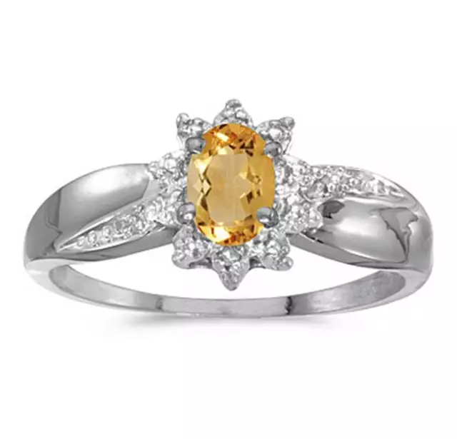 Genuine Citrine and Genuine Diamond Starburst Design 10K White Gold Ring