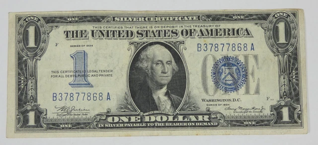 Series 1934 Blue Seal $1 Silver Certificate Note VERY FINE  Fr#1606 Problem Free