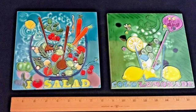 Pair of Ceramic Tile Cocktail Kitchen Art 8" x 8" Hand Painted