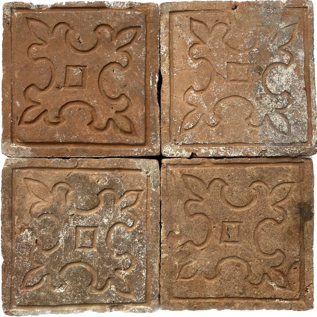 4 antique medieval floor tiles gothic 13th century earthenware pottery