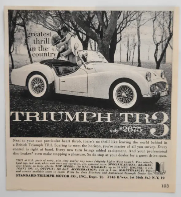 Triumph TR3 Car "Greatest Thrill In The Country" 1958 Time Print Ad ~5x5.5"