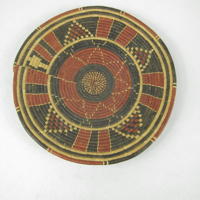 Vintage Native American Hand Woven Coil Flat Basket Tray 9.75" Willow Red Black