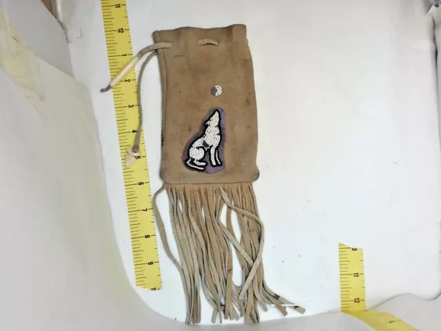 VINTAGE NATIVE AMERICAN BEADED LEATHER TOBACCO BAG, MEDICINE POUCH Wolf Howl