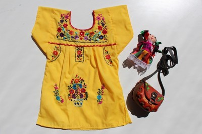 Mexican Girls Yellow Puebla Dress Multicolor Embroidered floral Peasant 6M-12M
