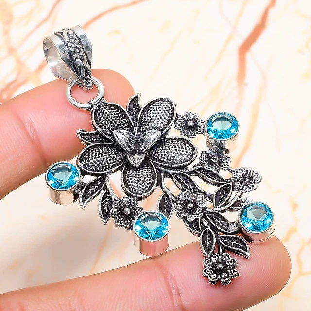 Swiss Blue Topaz Gemstone Handmade Gift Jewelry Pendant 2.36" B914