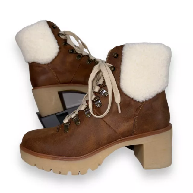 Oasis Society Monroe Heeled Winter Combat Boots Brown Vegan Leather Women's 9