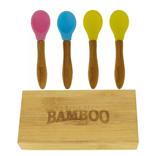 Natural Bamboo Baby Weaning Feeding Spoons for Babies Toddler Set of 4 with Box