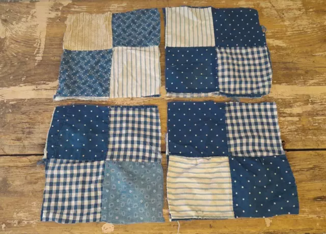 Old Vintage Primitive Quilt Blocks Calico Blues Hand Pieced & Stitched