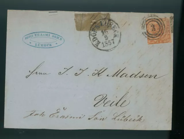 Dänemark AD Schleswig Holstein 1857 Nummernstempel Lübeck auf Brief Erasmi Sohn