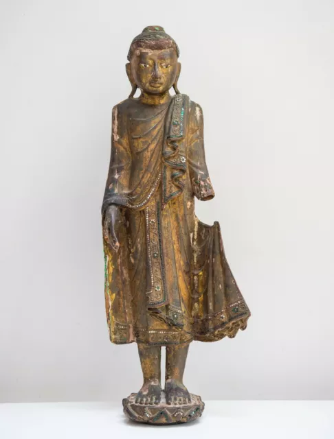 Antique Mandalay standing Buddha gold gilded hand carved Burma,late 19th century