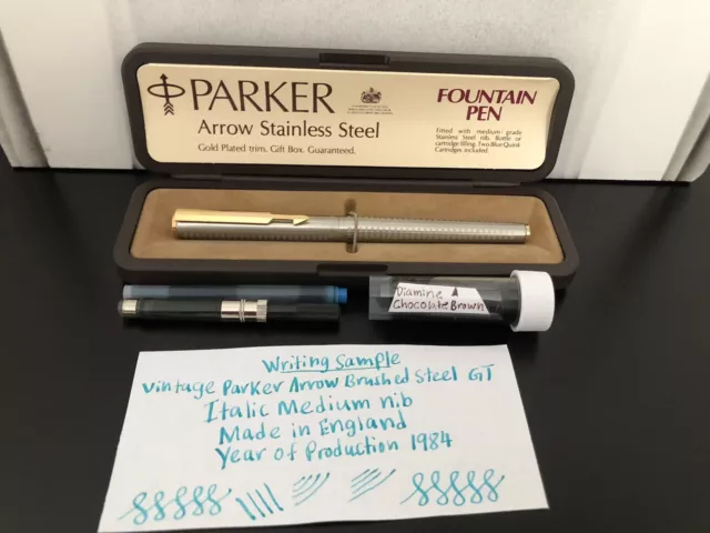 Vintage Parker Arrow Flighter GT Fountain Pen with Italic Medium Nib. Box etc