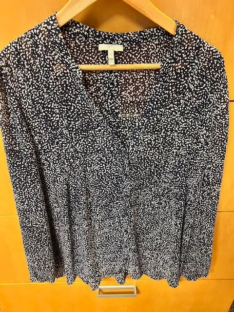 JOIE Navy Blue and White Abstract Dot Print Gauzy Silk Blouse Size Medium EUC!