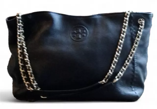 Tory Burch Vintage Black Leather Marion Slouchy Tote Bag Gold Hardware Chain