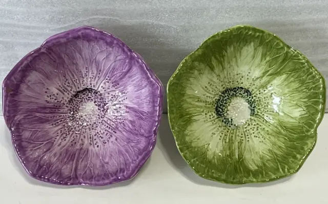 Italian Majolica Berry Bowls Set Of 2 Purple/Green Cabbage Leaf Bowls Handpaint