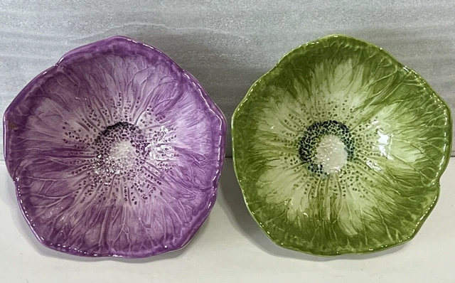 Italian Majolica Berry Bowls Set Of 2 Purple/Green Cabbage Leaf Bowls Handpaint